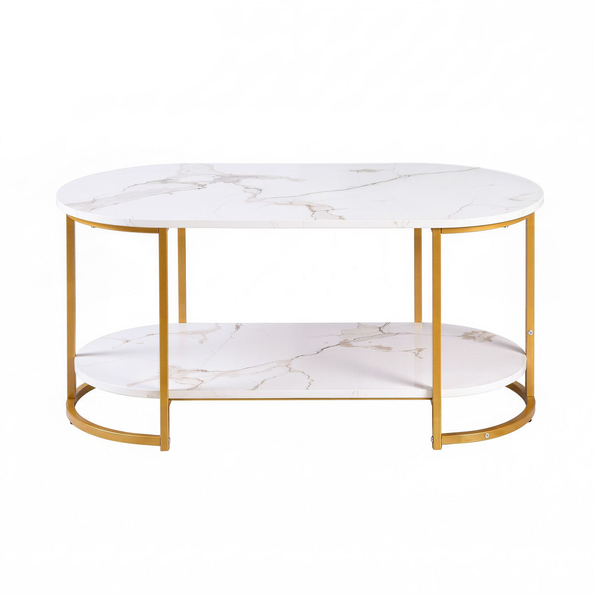 Artiss Coffee Table 2 Tier Oval Marble Finish Storage Shelf Metal Frame Center Table Living Room 100x50x45cm White &amp; Gold-Furniture > Living Room > Coffee Tables-PEROZ Accessories