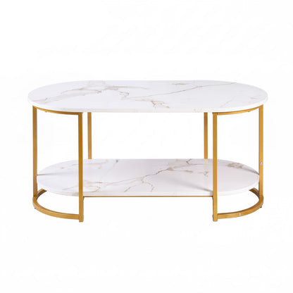 Artiss Coffee Table 2 Tier Oval Marble Finish Storage Shelf Metal Frame Center Table Living Room 100x50x45cm White &amp; Gold-Furniture > Living Room > Coffee Tables-PEROZ Accessories