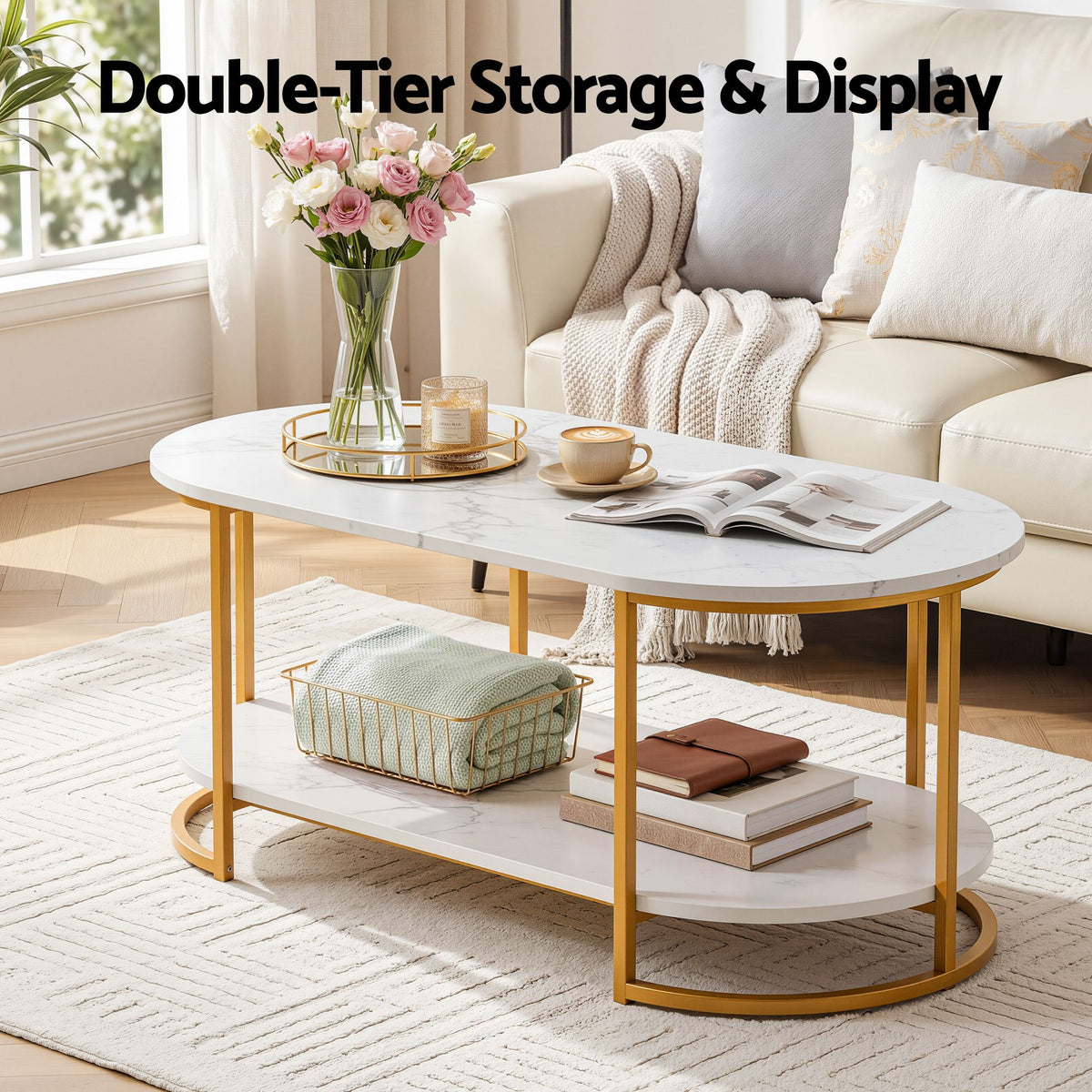 Artiss Coffee Table 2 Tier Oval Marble Finish Storage Shelf Metal Frame Center Table Living Room 100x50x45cm White &amp; Gold-Furniture > Living Room > Coffee Tables-PEROZ Accessories