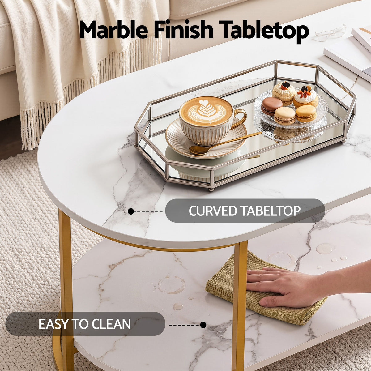 Artiss Coffee Table 2 Tier Oval Marble Finish Storage Shelf Metal Frame Center Table Living Room 100x50x45cm White &amp; Gold-Furniture > Living Room > Coffee Tables-PEROZ Accessories
