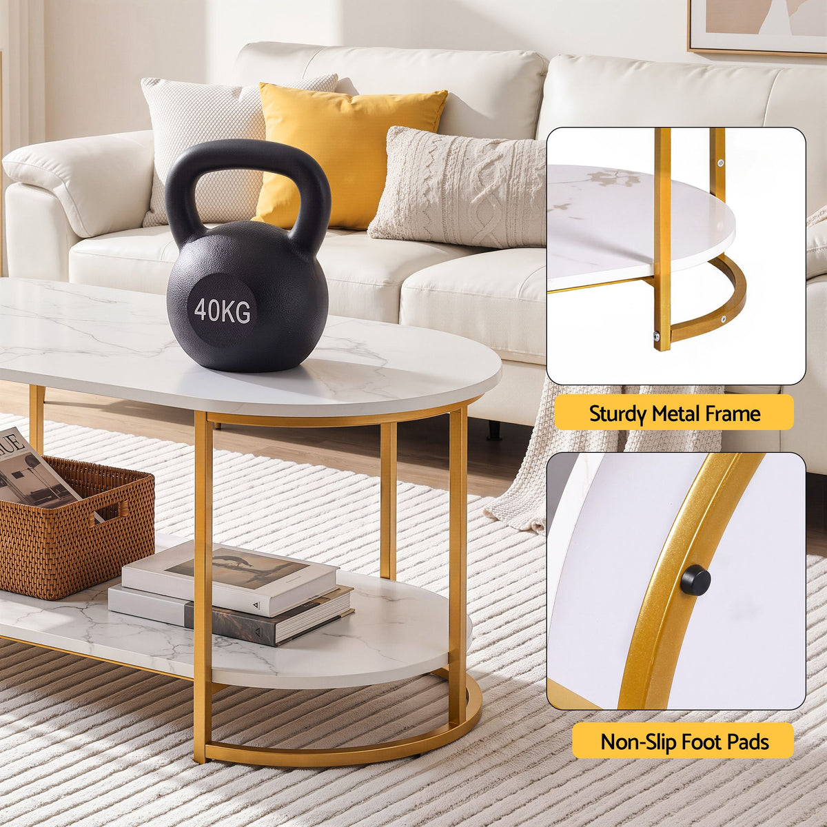 Artiss Coffee Table 2 Tier Oval Marble Finish Storage Shelf Metal Frame Center Table Living Room 100x50x45cm White &amp; Gold-Furniture > Living Room > Coffee Tables-PEROZ Accessories