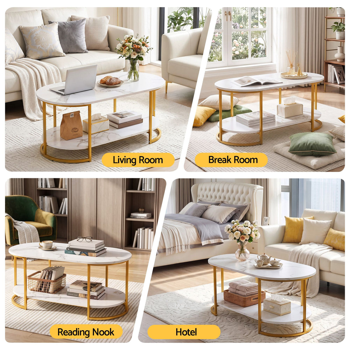 Artiss Coffee Table 2 Tier Oval Marble Finish Storage Shelf Metal Frame Center Table Living Room 100x50x45cm White &amp; Gold-Furniture > Living Room > Coffee Tables-PEROZ Accessories