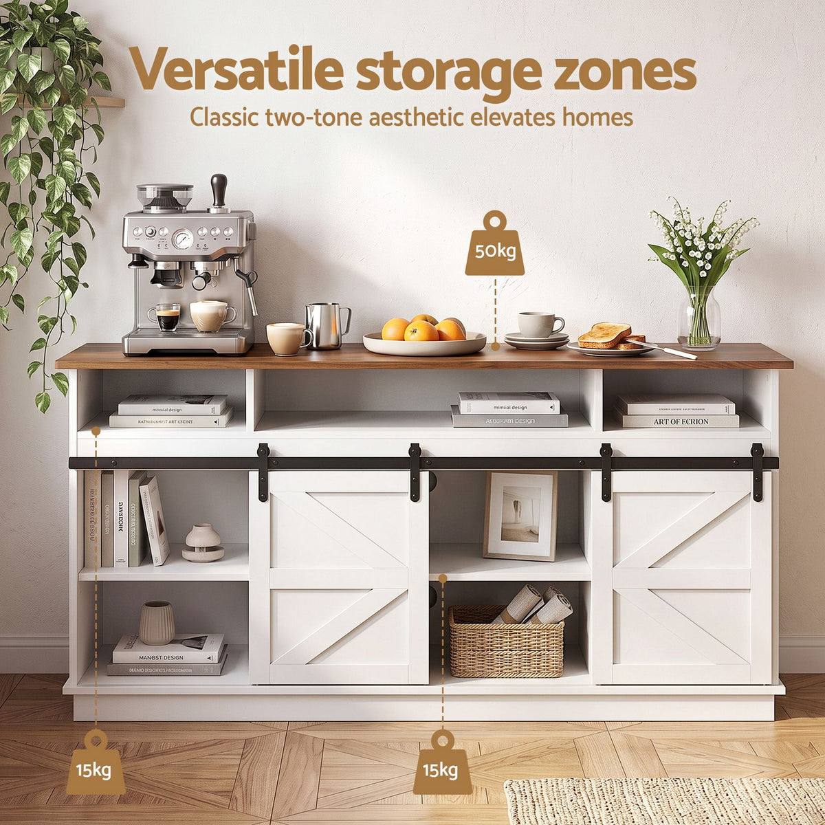 Artiss Buffet Sideboard Cabinet 150cm 3-Tier Kitchen Storage Sliding Doors White-Furniture > Bathroom > Sinks-PEROZ Accessories