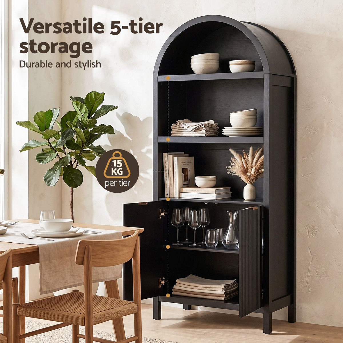 Artiss Buffet Sideboard Cabinet Pantry X2 180CM Arched Storage Bookshelf Black