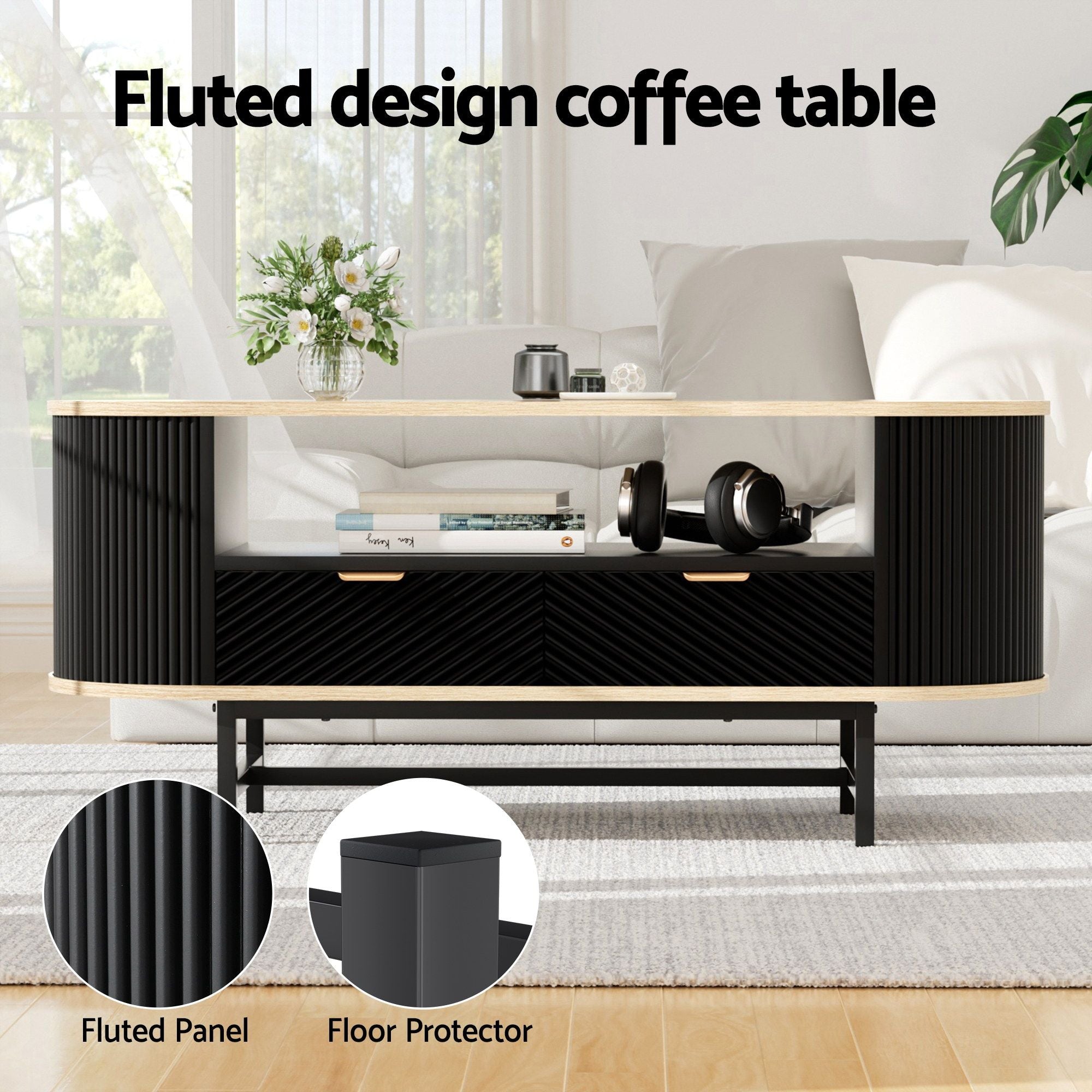 Artiss TV Unit &amp; Coffee Table Set Storage Drawers Shelves Black Pine-Furniture > Living Room > TV Units-PEROZ Accessories