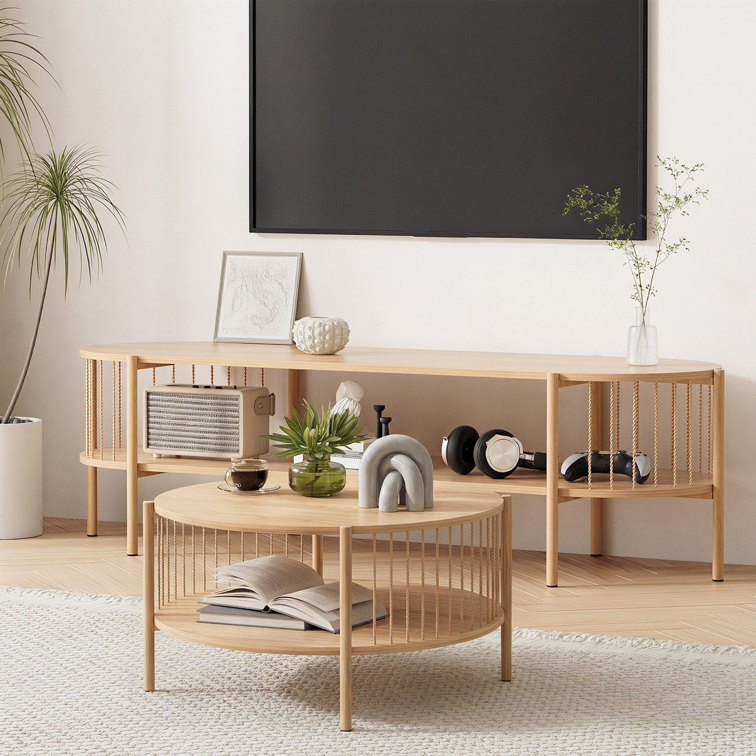 Artiss TV Unit &amp; Coffee Table Set Storage Shelf Pine-Furniture > Living Room > TV Units-PEROZ Accessories