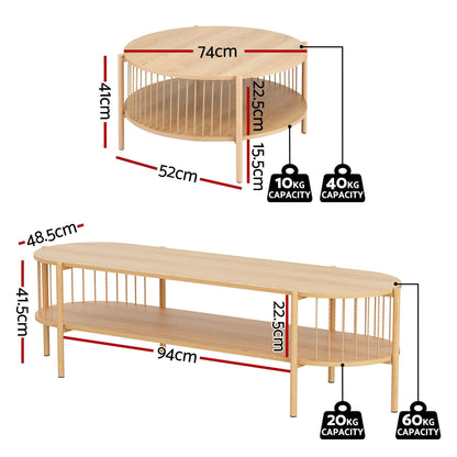 Artiss TV Unit &amp; Coffee Table Set Storage Shelf Pine-Furniture > Living Room > TV Units-PEROZ Accessories