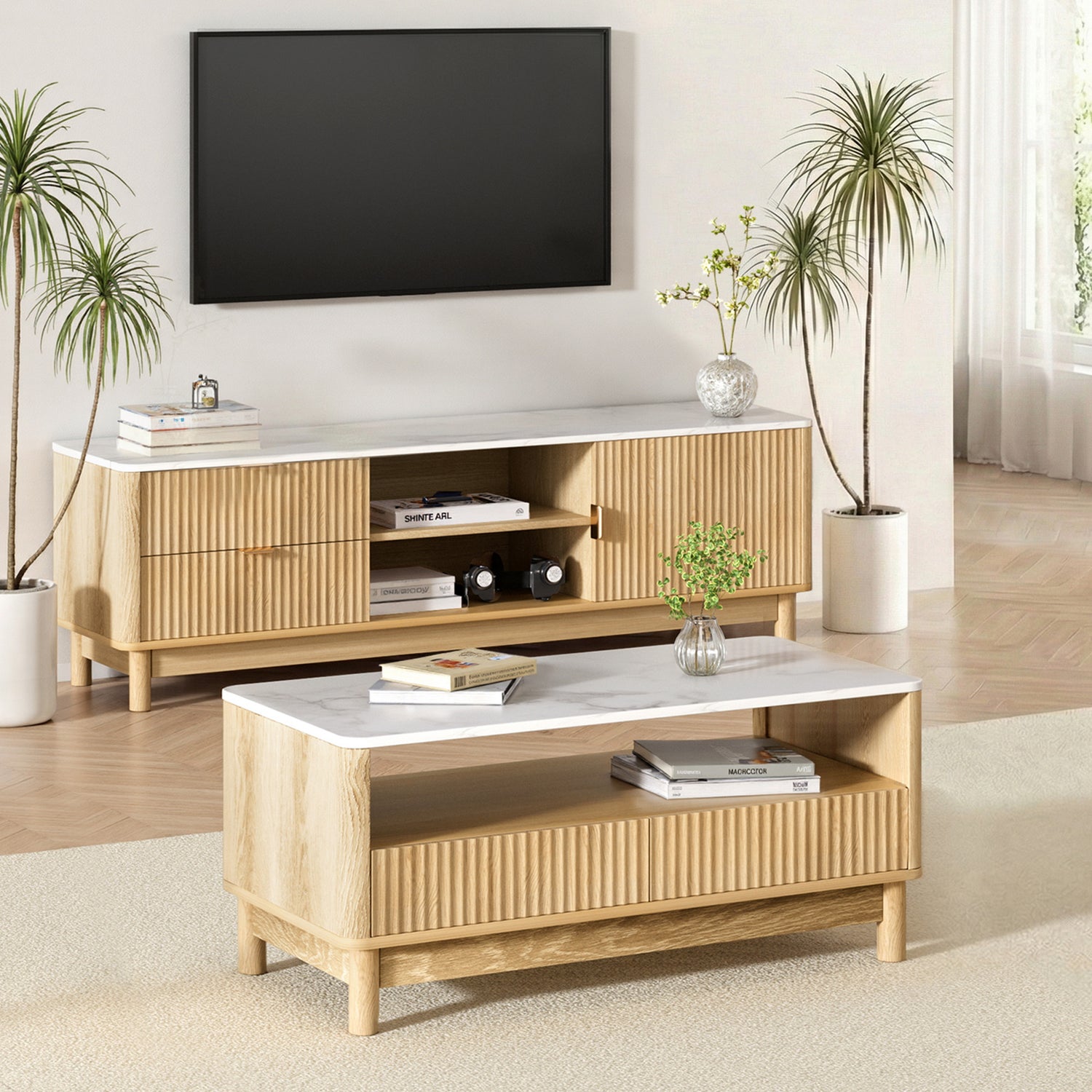 Artiss TV Unit &amp; Coffee Table Set Storage Drawers Pine-Furniture > Bedroom > Beds &amp; Bed Frames-PEROZ Accessories