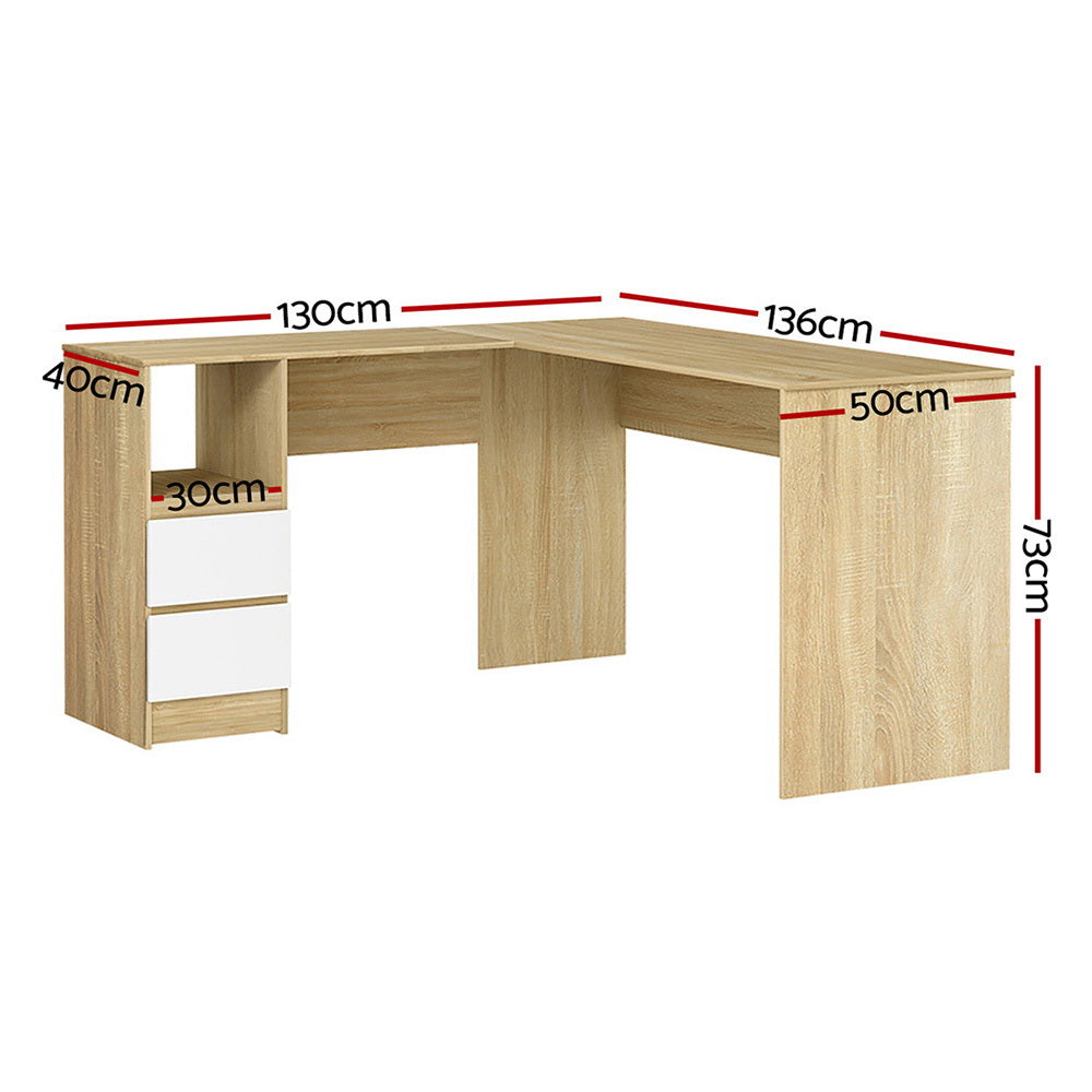 Artiss Computer Desk Drawer Cabinet L-Shape Oak 136CM-Office Desks-PEROZ Accessories