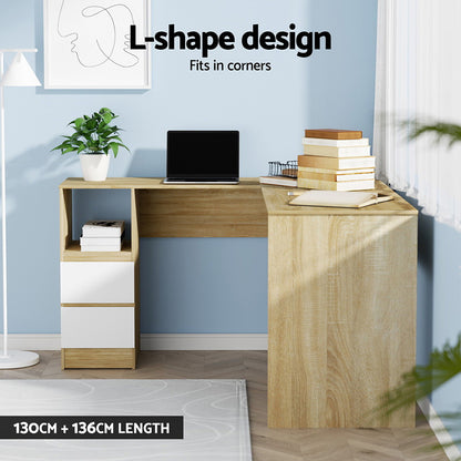 Artiss Computer Desk Drawer Cabinet L-Shape Oak 136CM-Office Desks-PEROZ Accessories