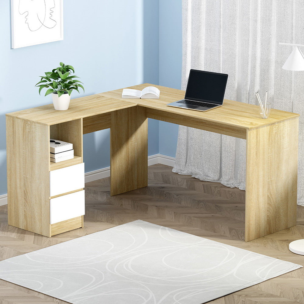 Artiss Computer Desk Drawer Cabinet L-Shape Oak 136CM-Office Desks-PEROZ Accessories