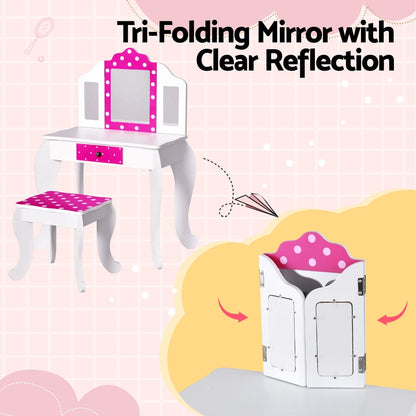 Keezi Kids Dressing Table Vanity Makeup Chair Set Wooden 3 Mirror Drawer Pink-Baby &amp; Kids &gt; Kid&
