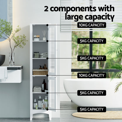 Artiss Bathroom Storage Cabinet 160cm Tall Slim Floor Cupboard Toilet Glass Door White-Furniture &gt; Bathroom &gt; Bathroom Cabinets, Cupboards &amp; Storage-PEROZ Accessories