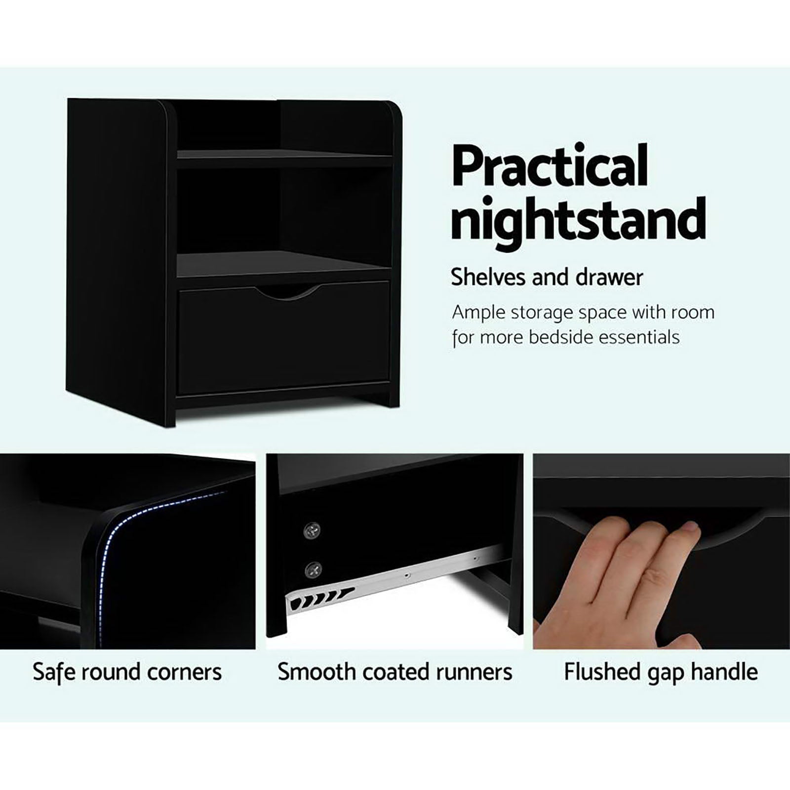 Artiss 2X Bedside Table 1 Drawer with Shelf - FARA Black-Furniture &gt; Bedroom &gt; Bedside Tables-PEROZ Accessories