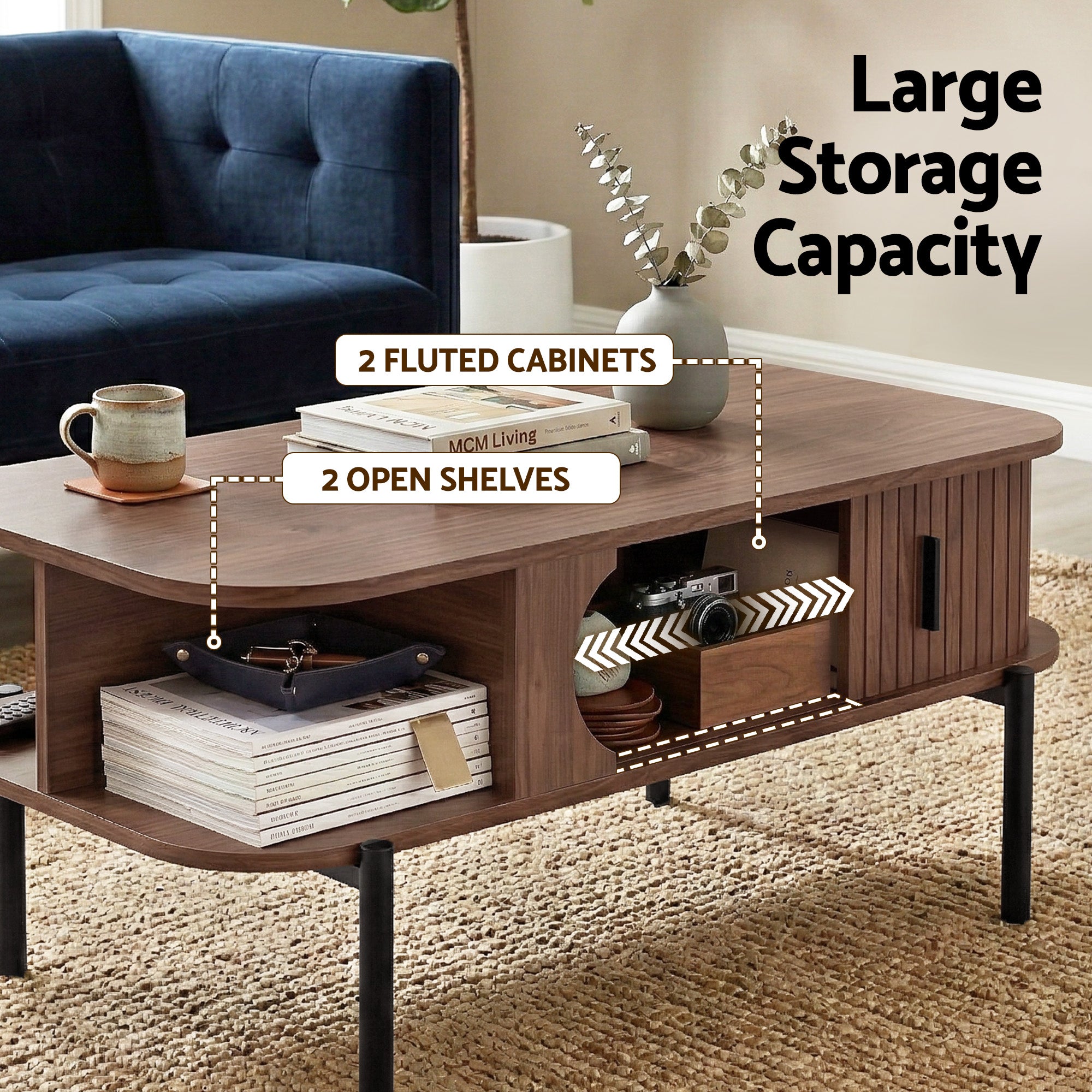 Artiss Coffee Table Living Room Center Table Shelf Cabinet Walnut-Furniture > Living Room > Coffee Tables-PEROZ Accessories