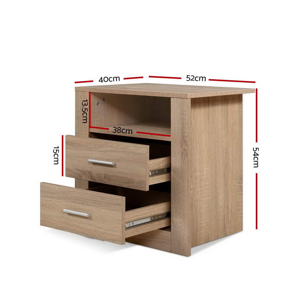 Artiss Bedside Table 2 Drawers with Shelf - TARA Oak-Bedside Tables-PEROZ Accessories