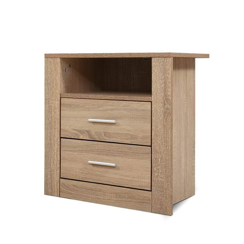 Artiss Bedside Table 2 Drawers with Shelf - TARA Oak-Bedside Tables-PEROZ Accessories