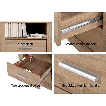 Artiss 2X Bedside Table 2 Drawers with Shelf - TARA Oak-Furniture &gt; Bedroom &gt; Bedside Tables-PEROZ Accessories