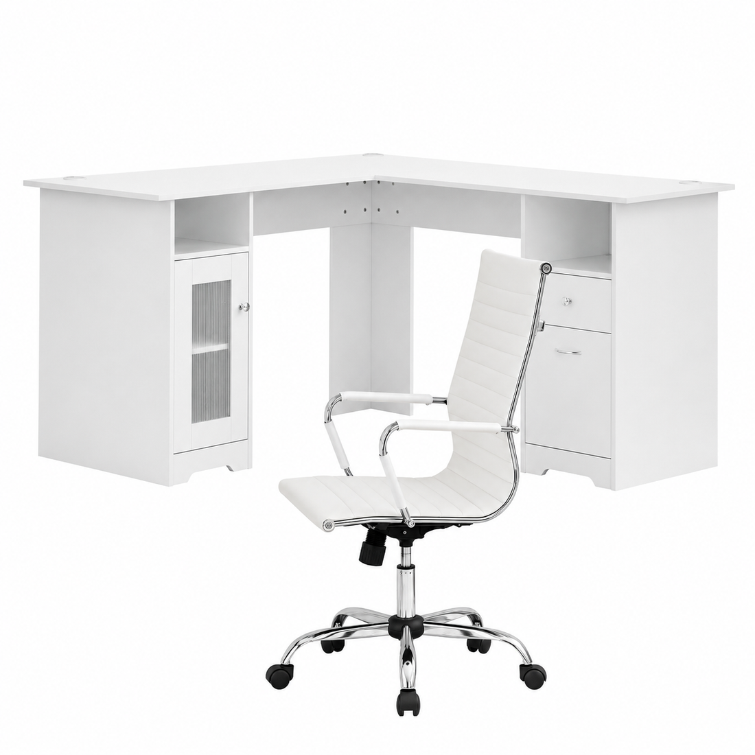 Artiss Office Desk and Chair Set L Shape Computer Desk 150cm with Storage Cabinet &amp; Drawers, Ergonomic PU Leather Office Chair, White Home Office Furniture-Furniture > Office > Desks-PEROZ Accessories