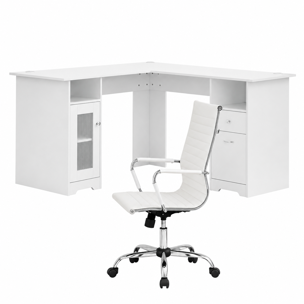 Artiss Office Desk and Chair Set L Shape Computer Desk 150cm with Storage Cabinet &amp; Drawers, Ergonomic PU Leather Office Chair, White Home Office Furniture