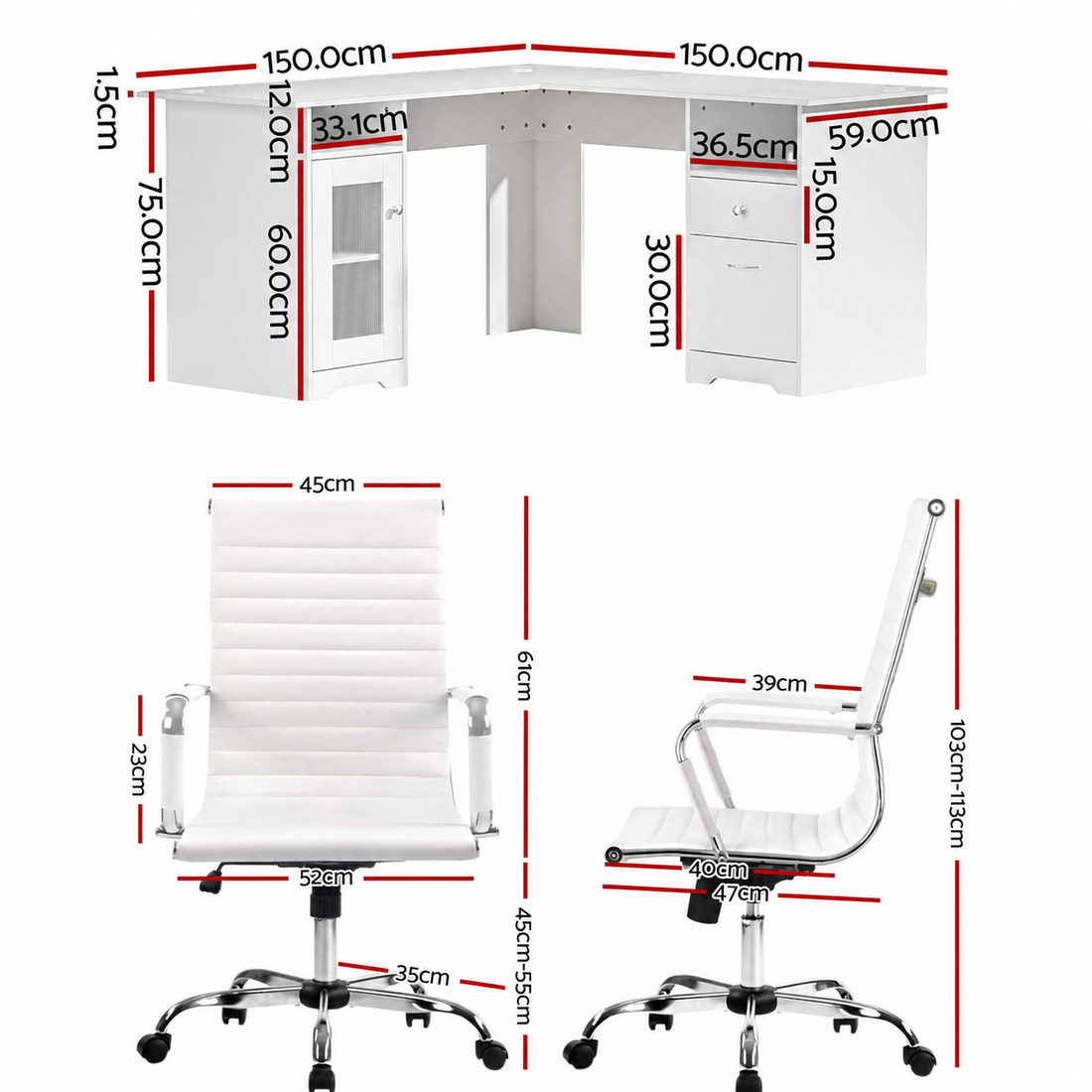 Artiss Office Desk and Chair Set L Shape Computer Desk 150cm with Storage Cabinet &amp; Drawers, Ergonomic PU Leather Office Chair, White Home Office Furniture-Furniture > Office > Desks-PEROZ Accessories