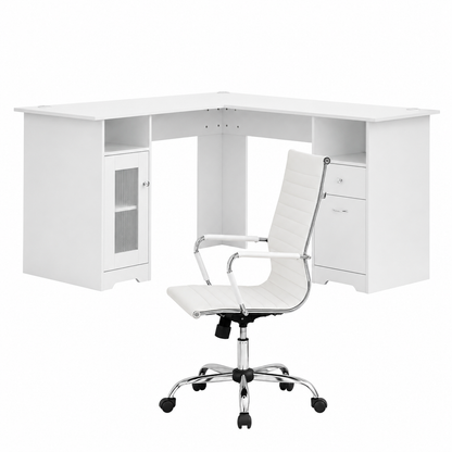 Artiss Office Desk and Chair Set L Shape Computer Desk 150cm with Storage Cabinet &amp; Drawers, Ergonomic PU Leather Office Chair, White Home Office Furniture
