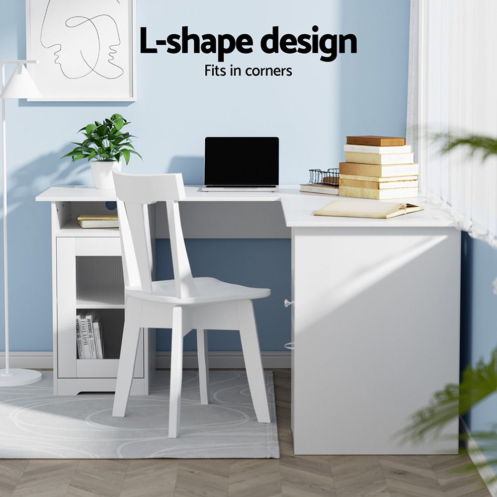 Artiss Office Desk and Chair Set L Shape Computer Desk 150cm with Storage Cabinet &amp; Drawers, Ergonomic PU Leather Office Chair, White Home Office Furniture