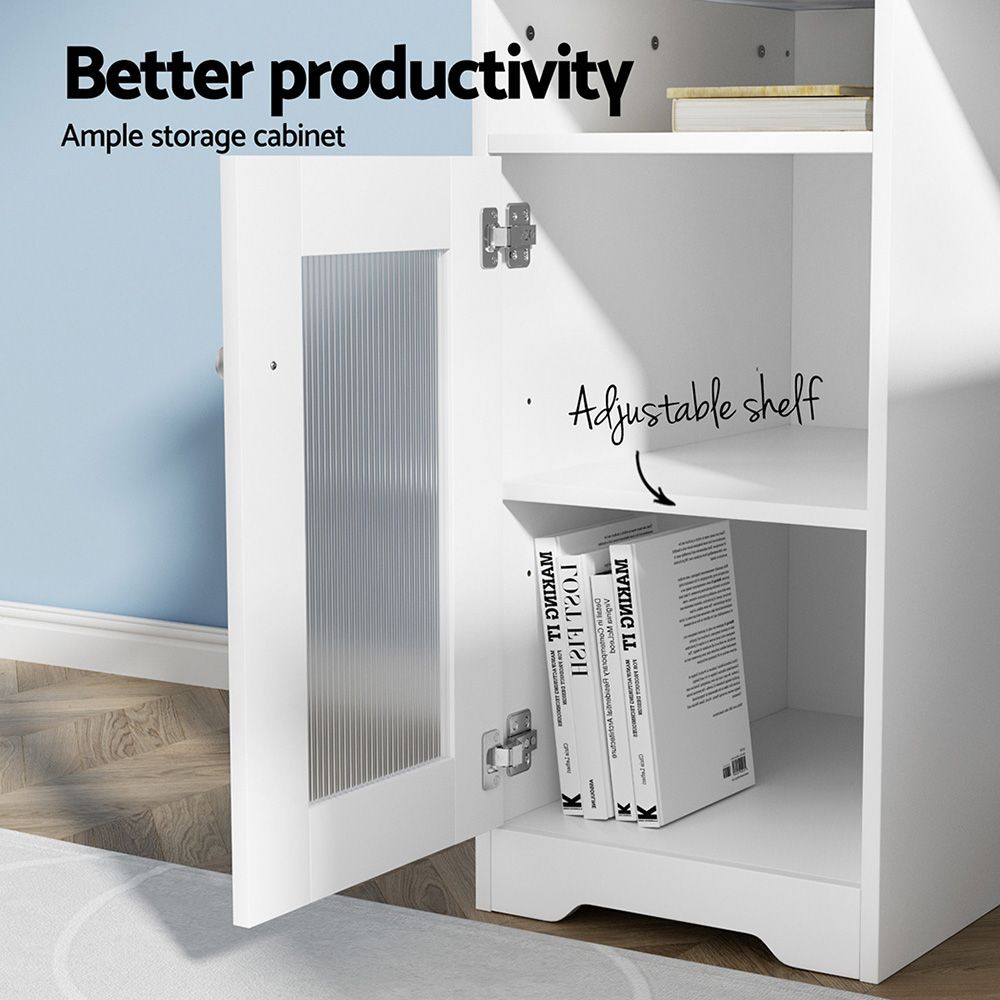 Artiss Office Desk and Chair Set L Shape Computer Desk 150cm with Storage Cabinet &amp; Drawers, Ergonomic PU Leather Office Chair, White Home Office Furniture