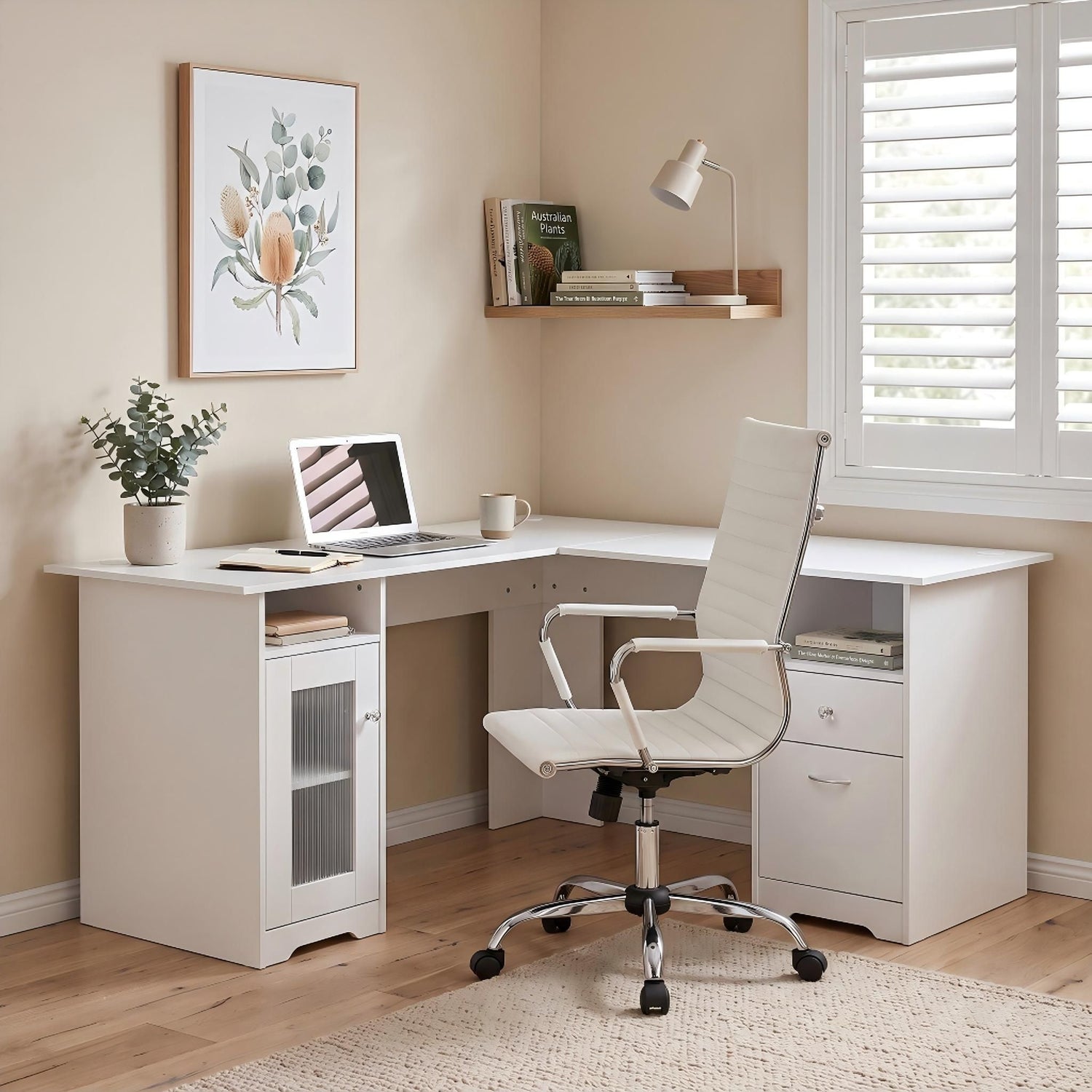 Artiss Office Desk and Chair Set L Shape Computer Desk 150cm with Storage Cabinet &amp; Drawers, Ergonomic PU Leather Office Chair, White Home Office Furniture