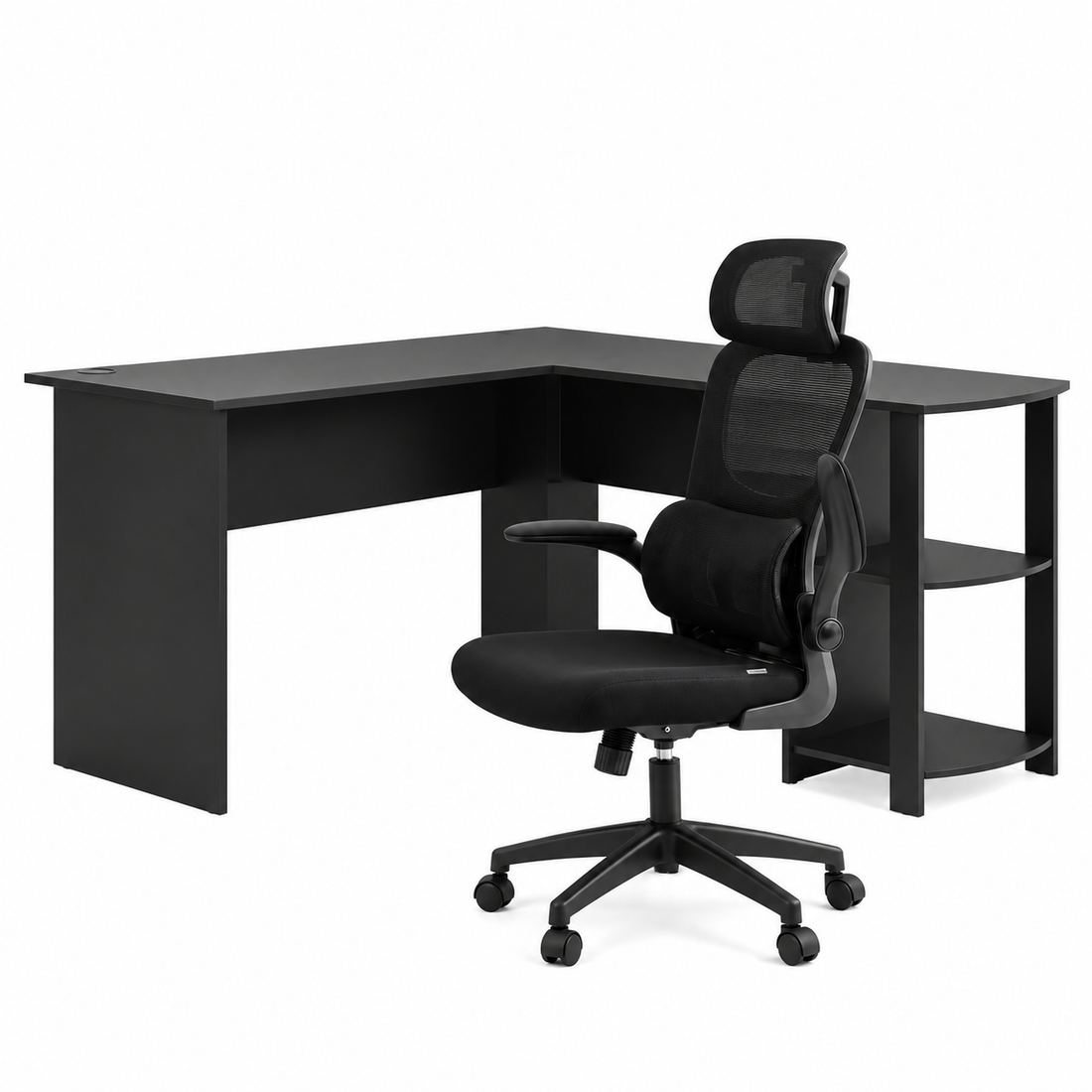Artiss Office Desk and Chair Set L Shaped Computer Desk 136cm with 2 Tier Storage Shelves, Ergonomic Mesh Office Chair with Adjustable Headrest, Flip-Up Armrests &amp; Lumbar Support-Furniture > Office > Desks-PEROZ Accessories