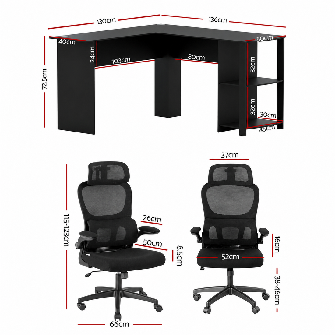 Artiss Office Desk and Chair Set L Shaped Computer Desk 136cm with 2 Tier Storage Shelves, Ergonomic Mesh Office Chair with Adjustable Headrest, Flip-Up Armrests &amp; Lumbar Support-Furniture > Office > Desks-PEROZ Accessories