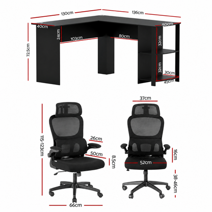 Artiss Office Desk and Chair Set L Shaped Computer Desk 136cm with 2 Tier Storage Shelves, Ergonomic Mesh Office Chair with Adjustable Headrest, Flip-Up Armrests &amp; Lumbar Support