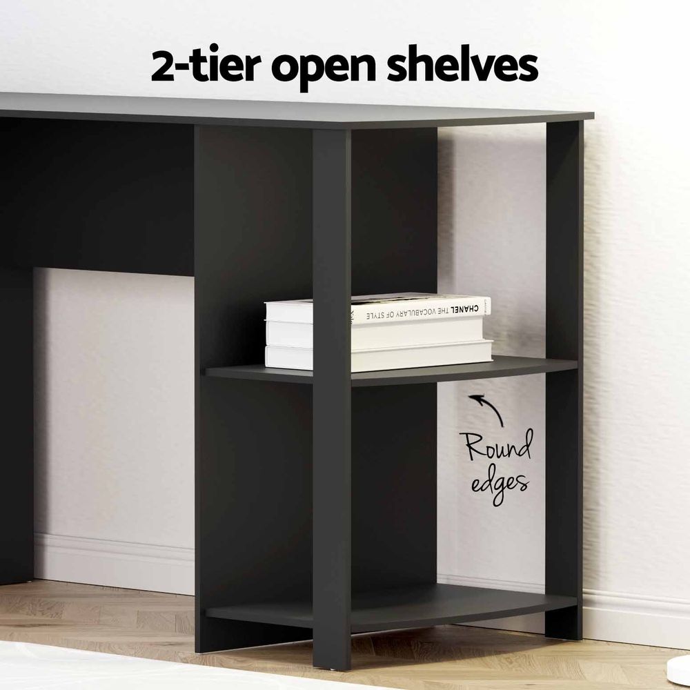 Artiss Office Desk and Chair Set L Shaped Computer Desk 136cm with 2 Tier Storage Shelves, Ergonomic Mesh Office Chair with Adjustable Headrest, Flip-Up Armrests &amp; Lumbar Support