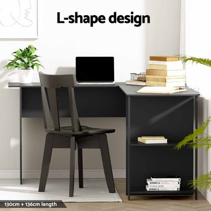Artiss Office Desk and Chair Set L Shaped Computer Desk 136cm with 2 Tier Storage Shelves, Ergonomic Mesh Office Chair with Adjustable Headrest, Flip-Up Armrests &amp; Lumbar Support