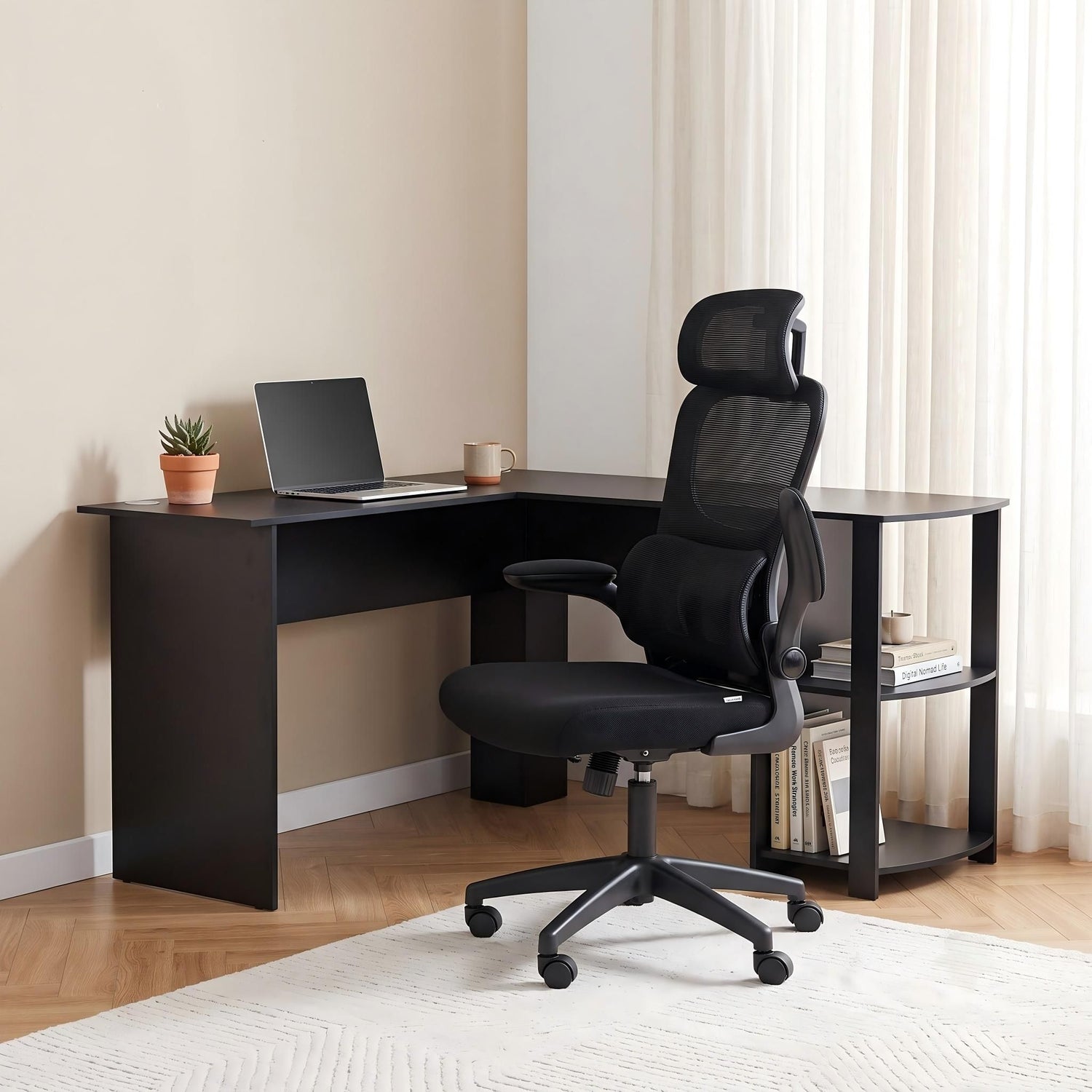 Artiss Office Desk and Chair Set L Shaped Computer Desk 136cm with 2 Tier Storage Shelves, Ergonomic Mesh Office Chair with Adjustable Headrest, Flip-Up Armrests &amp; Lumbar Support