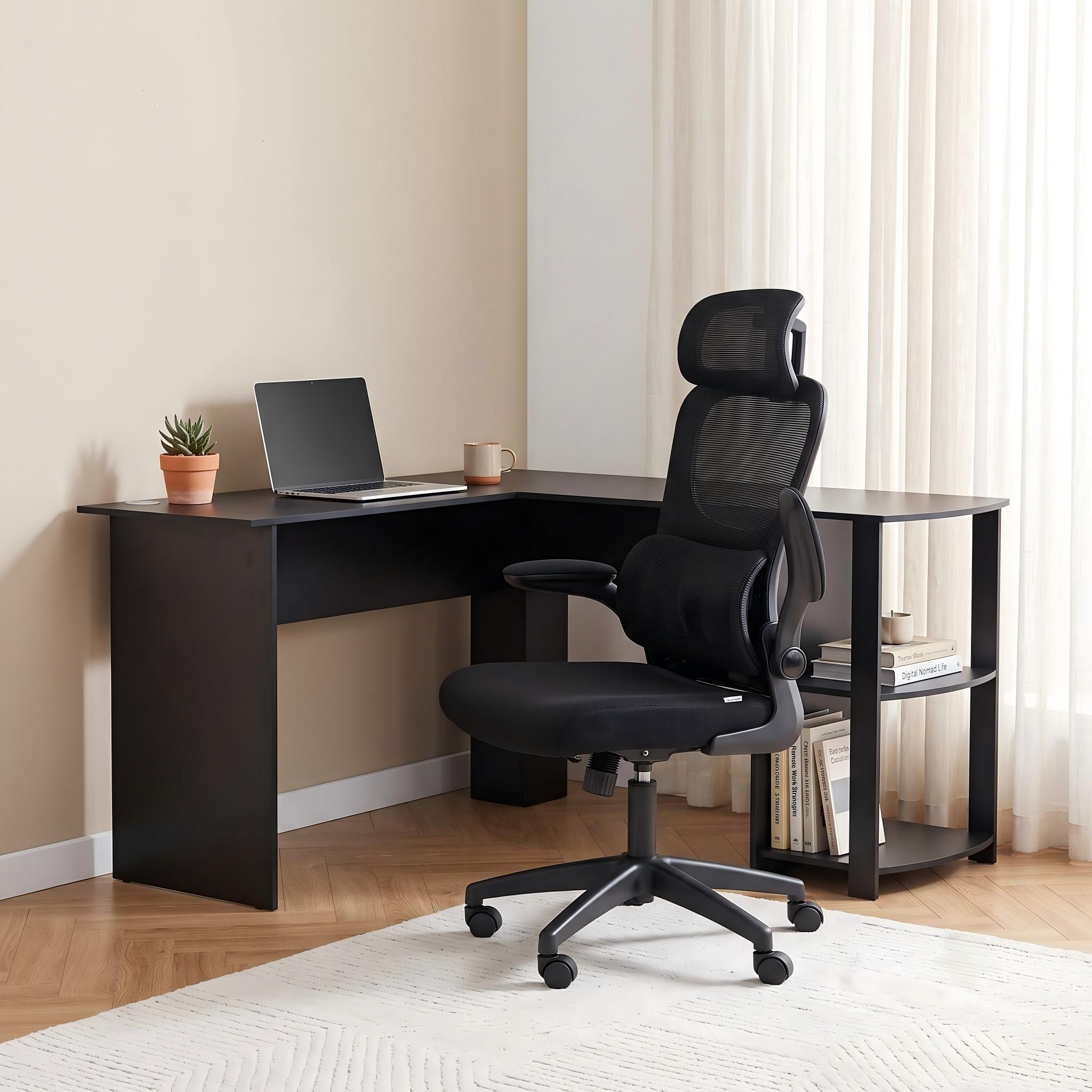 Artiss Office Desk and Chair Set L Shaped Computer Desk 136cm with 2 Tier Storage Shelves, Ergonomic Mesh Office Chair with Adjustable Headrest, Flip-Up Armrests &amp; Lumbar Support