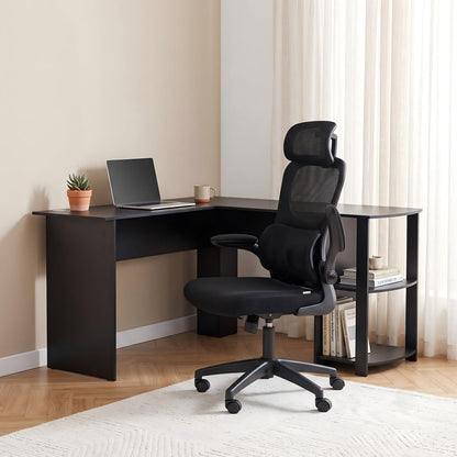 Artiss Office Desk and Chair Set L Shaped Computer Desk 136cm with 2 Tier Storage Shelves, Ergonomic Mesh Office Chair with Adjustable Headrest, Flip-Up Armrests &amp; Lumbar Support