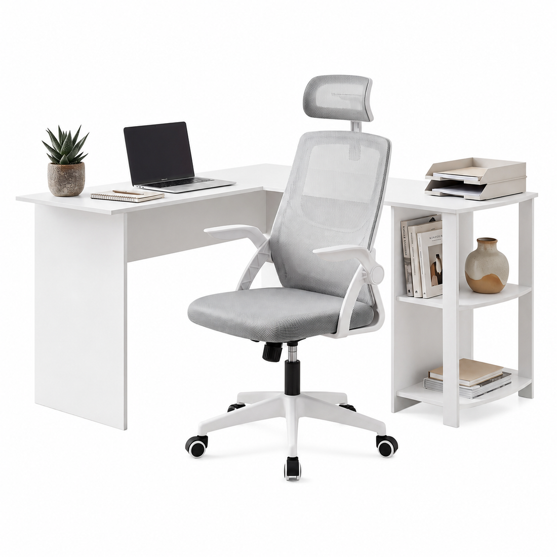 Artiss Home Office Desk and Chair Set, 136cm L Shaped Computer Desk with Shelves &amp; Cable Management, Ergonomic Mesh Office Chair with Adjustable Headrest, Flip-Up Armrests-Furniture > Office > Desks-PEROZ Accessories