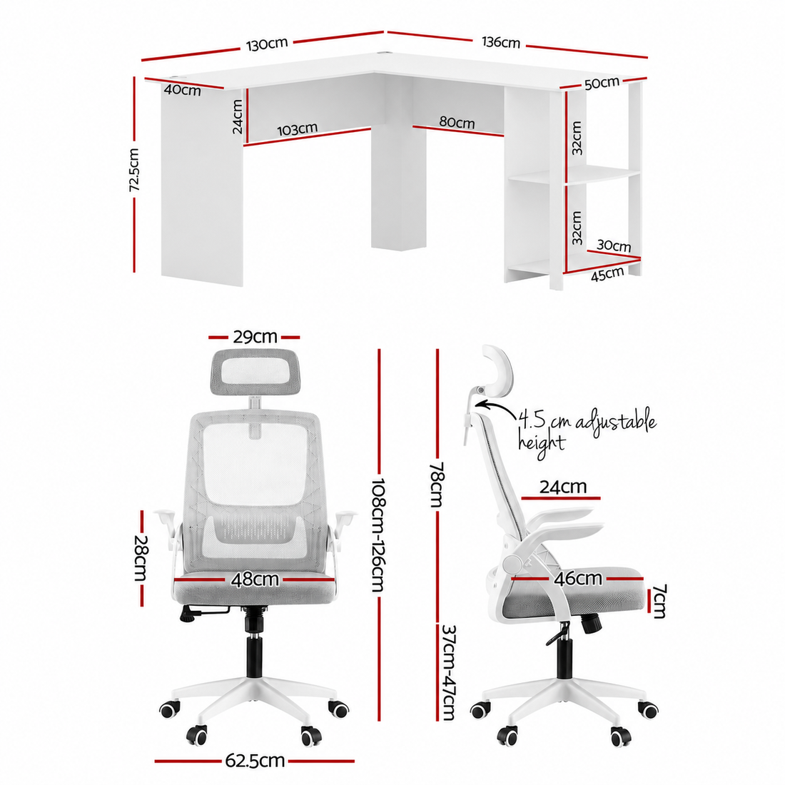 Artiss Home Office Desk and Chair Set, 136cm L Shaped Computer Desk with Shelves &amp; Cable Management, Ergonomic Mesh Office Chair with Adjustable Headrest, Flip-Up Armrests-Furniture > Office > Desks-PEROZ Accessories