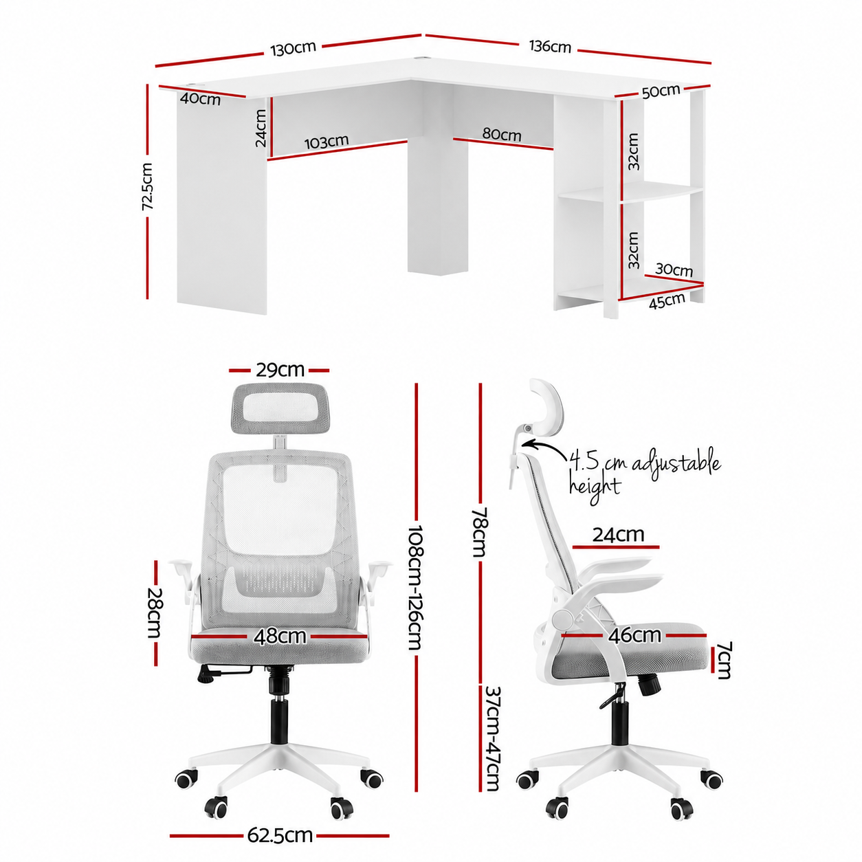 Artiss Home Office Desk and Chair Set, 136cm L Shaped Computer Desk with Shelves &amp; Cable Management, Ergonomic Mesh Office Chair with Adjustable Headrest, Flip-Up Armrests