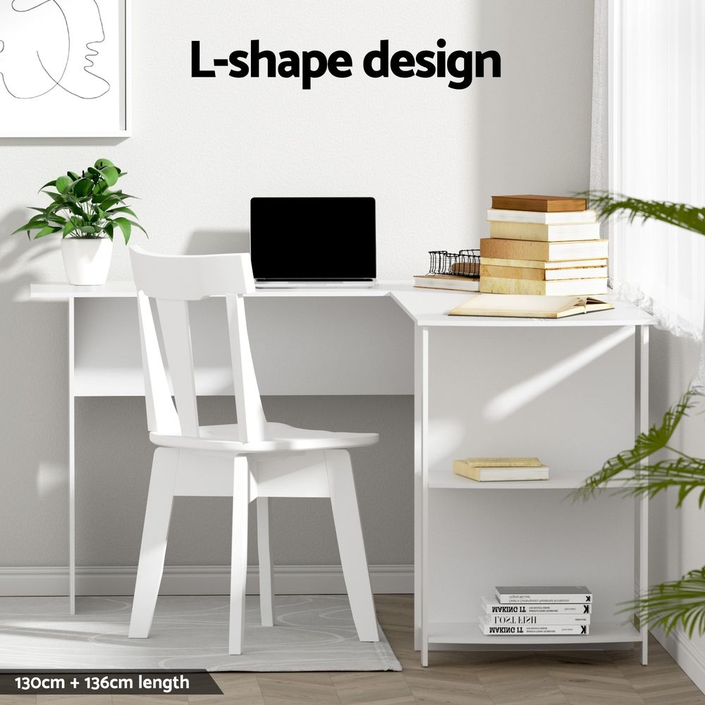 Artiss Home Office Desk and Chair Set, 136cm L Shaped Computer Desk with Shelves &amp; Cable Management, Ergonomic Mesh Office Chair with Adjustable Headrest, Flip-Up Armrests