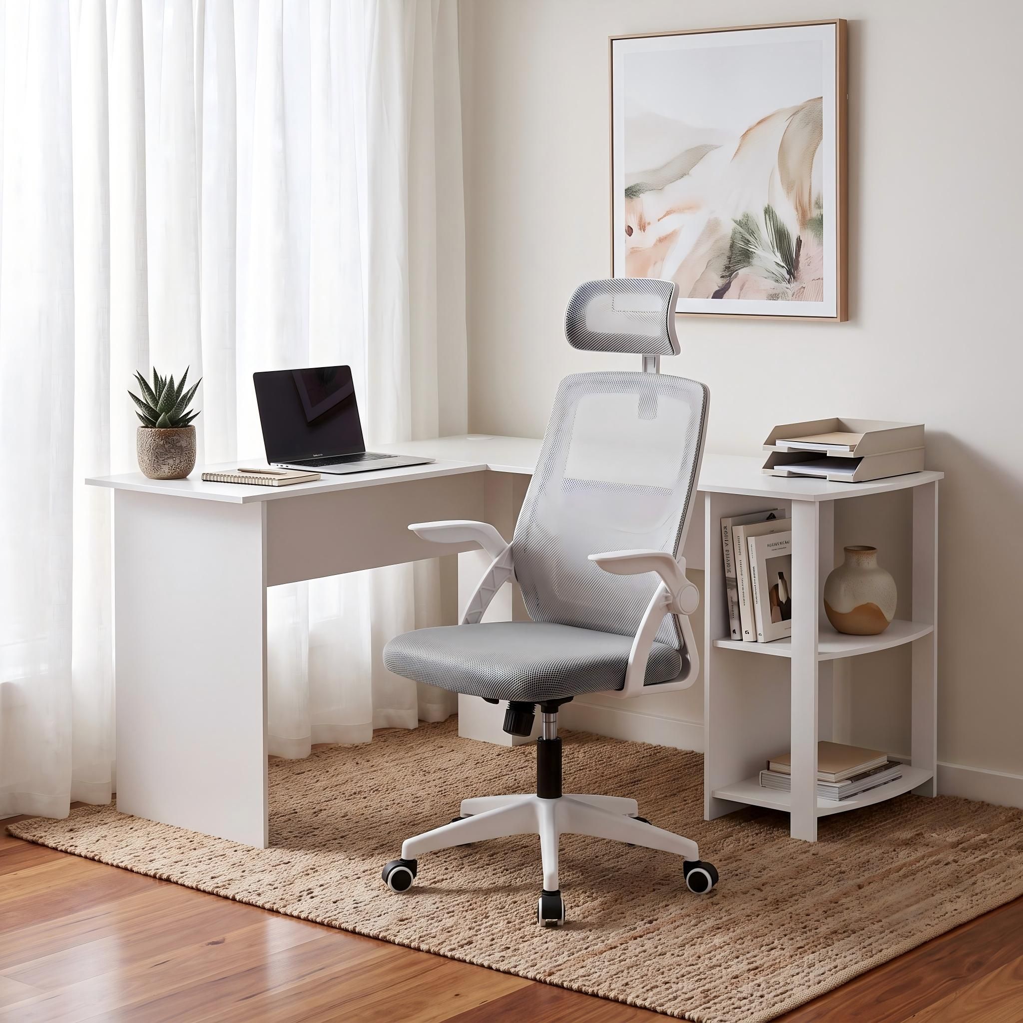 Artiss Home Office Desk and Chair Set, 136cm L Shaped Computer Desk with Shelves &amp; Cable Management, Ergonomic Mesh Office Chair with Adjustable Headrest, Flip-Up Armrests
