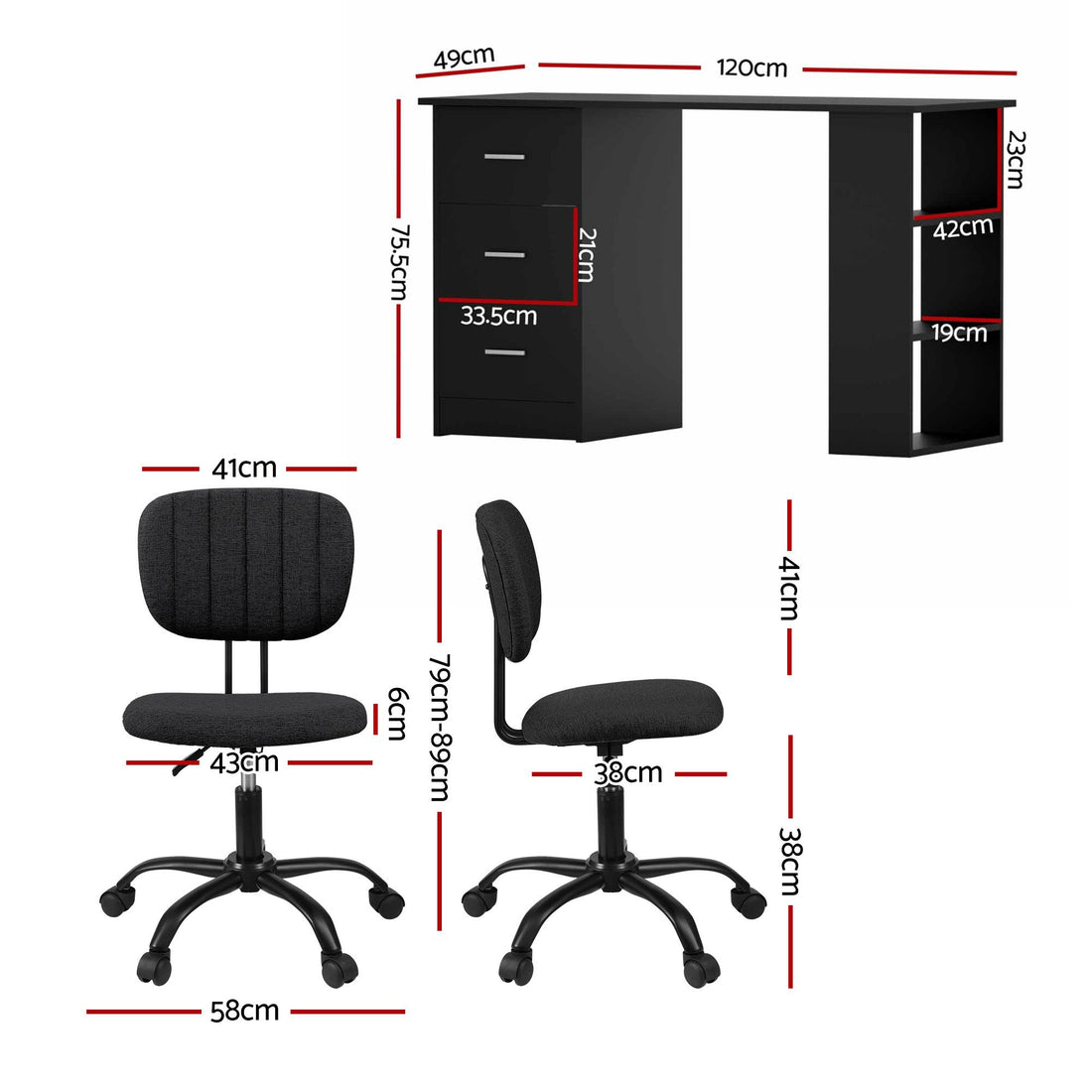 Artiss Office Desk &amp; Chair Set 120cm Computer Desk with 3 Drawers &amp; Open Shelves, Ergonomic Armless Office Chair with Wheels, Height Adjustable for Home Office Study-Furniture > Office > Desks-PEROZ Accessories