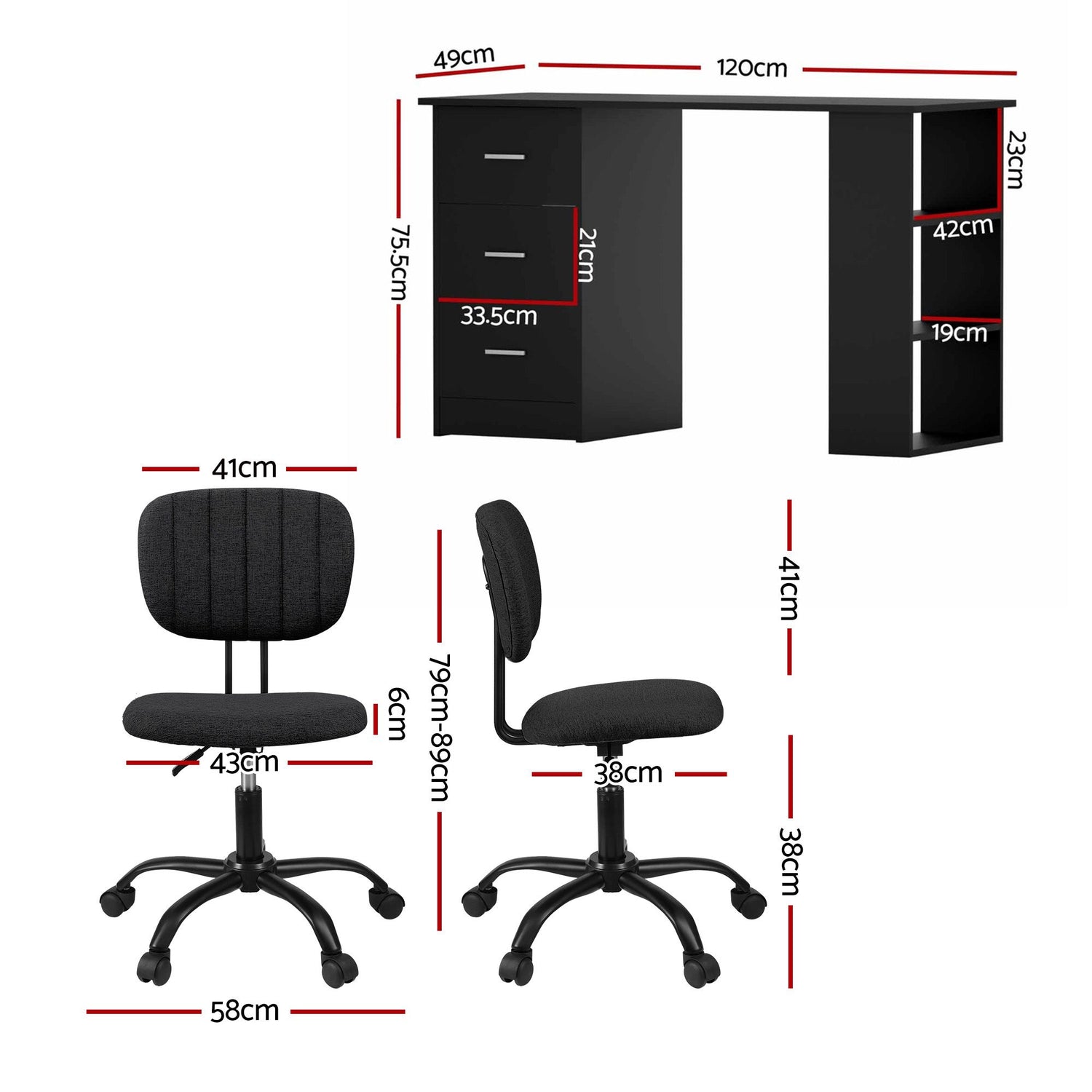 Artiss Office Desk &amp; Chair Set 120cm Computer Desk with 3 Drawers &amp; Open Shelves, Ergonomic Armless Office Chair with Wheels, Height Adjustable for Home Office Study