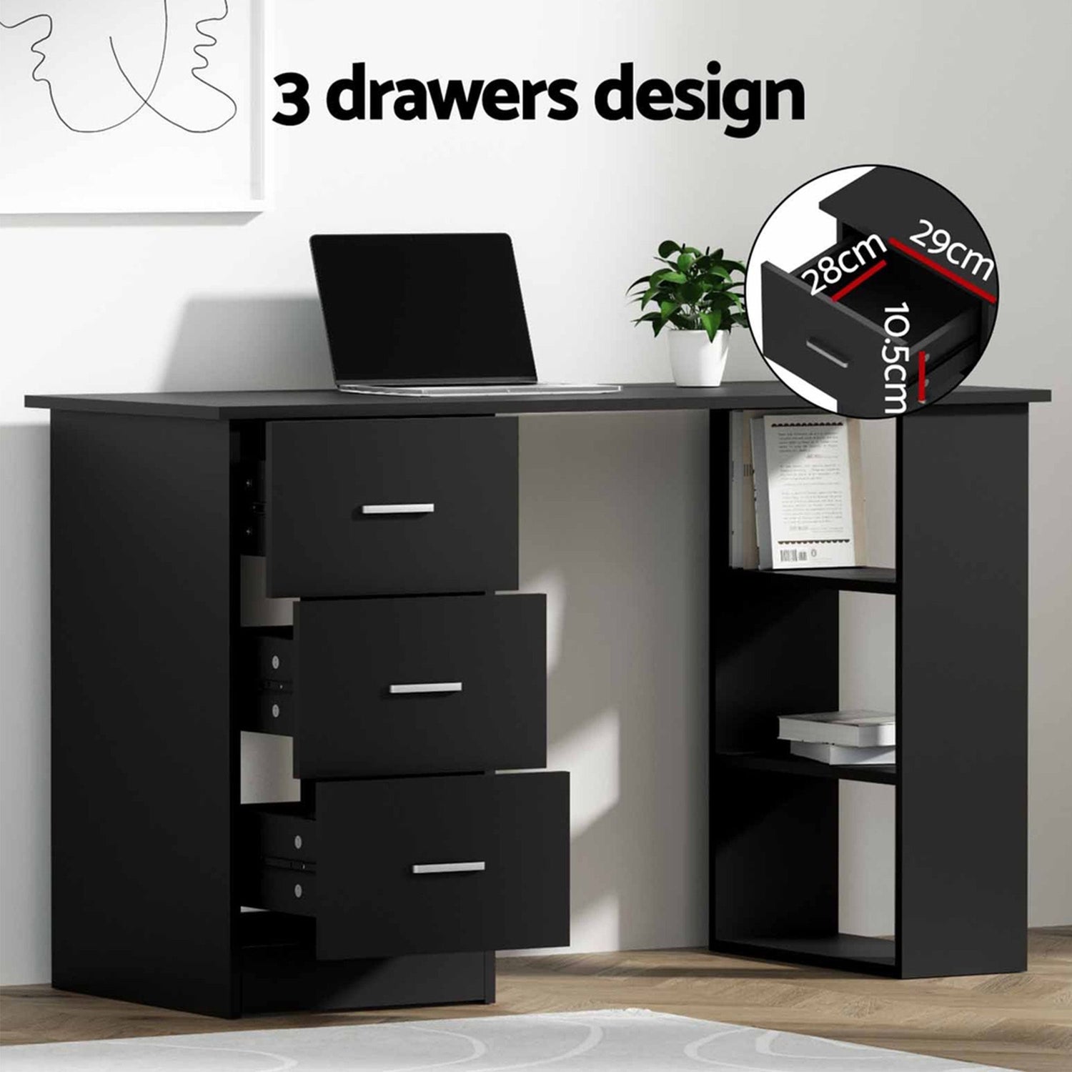 Artiss Office Desk &amp; Chair Set 120cm Computer Desk with 3 Drawers &amp; Open Shelves, Ergonomic Armless Office Chair with Wheels, Height Adjustable for Home Office Study
