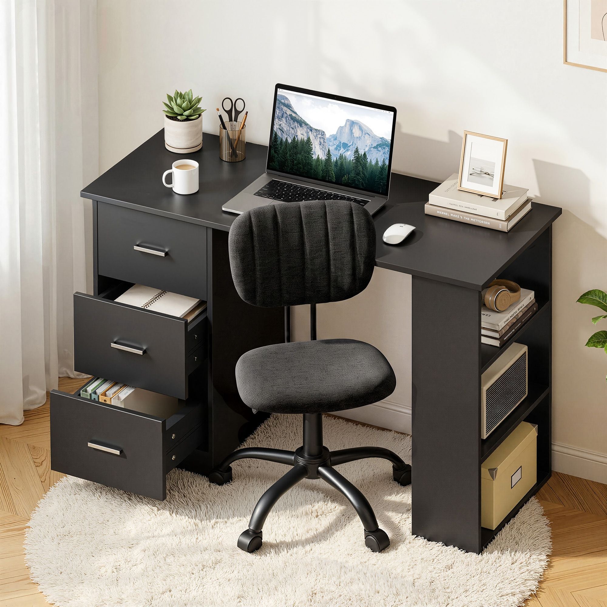 Artiss Office Desk &amp; Chair Set 120cm Computer Desk with 3 Drawers &amp; Open Shelves, Ergonomic Armless Office Chair with Wheels, Height Adjustable for Home Office Study