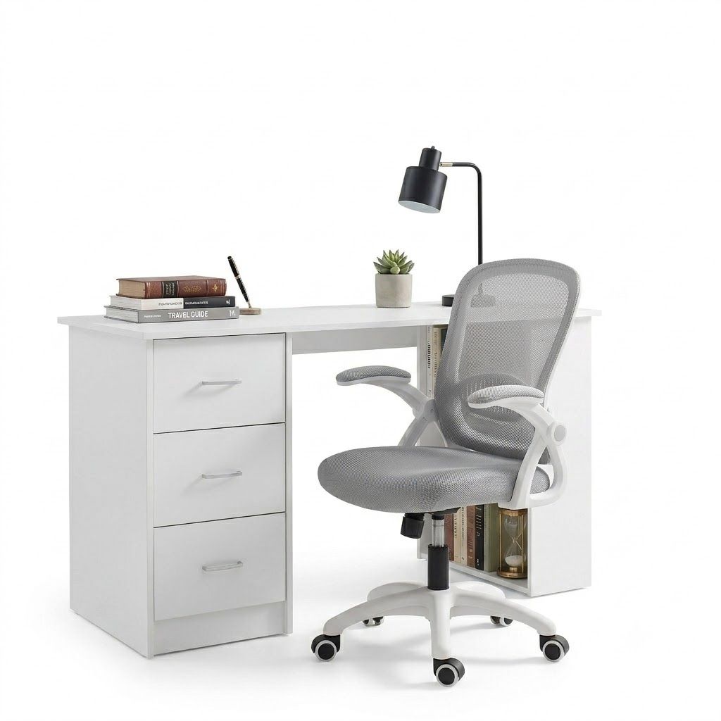 Artiss Computer Desk &amp; Ergonomic Office Chair Set 120cm Home Office Study Desk with 3 Drawers &amp; 3 Shelves, Mesh Computer Chair with Flip-Up Armrests