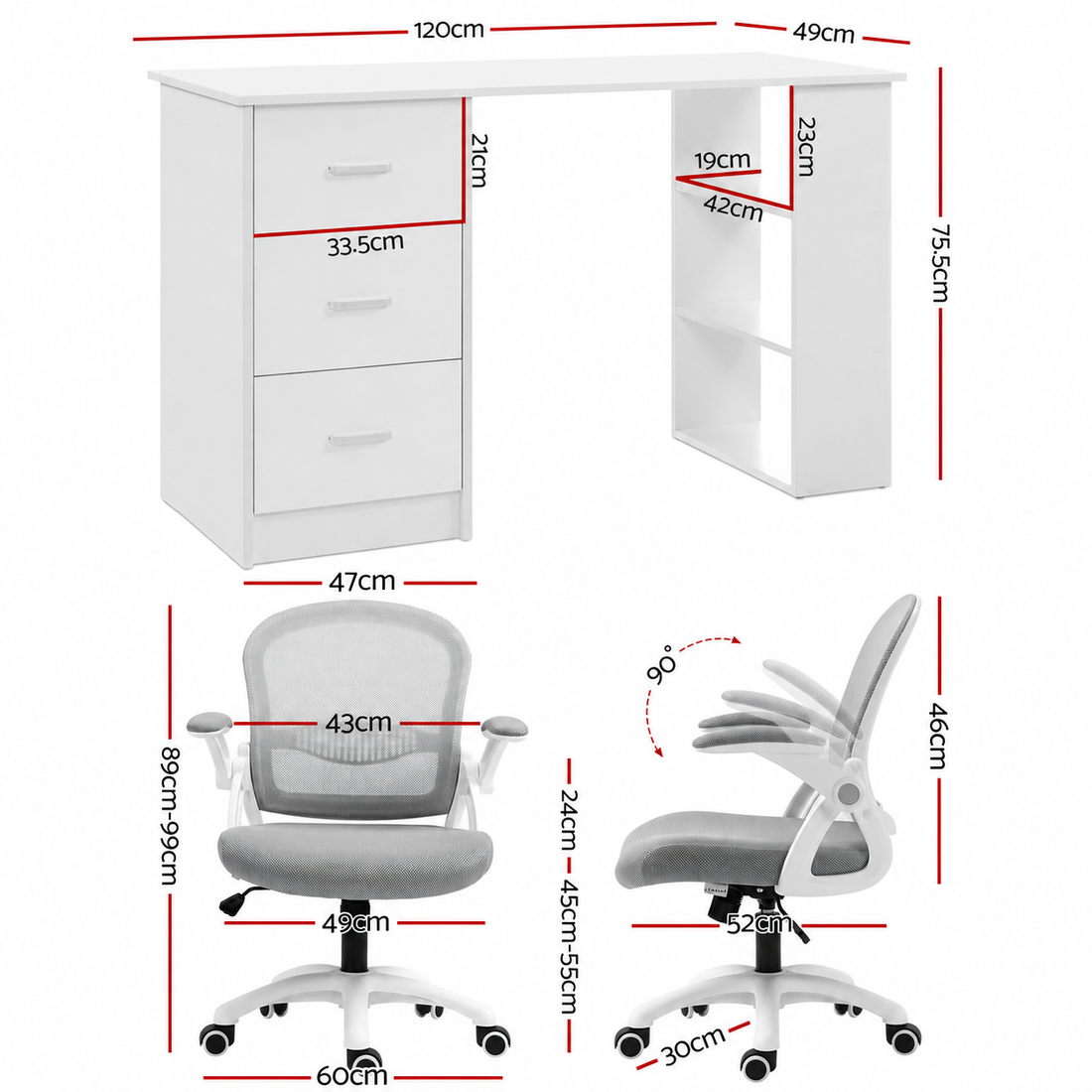 Artiss Computer Desk &amp; Ergonomic Office Chair Set 120cm Home Office Study Desk with 3 Drawers &amp; 3 Shelves, Mesh Computer Chair with Flip-Up Armrests-Furniture > Office > Desks-PEROZ Accessories