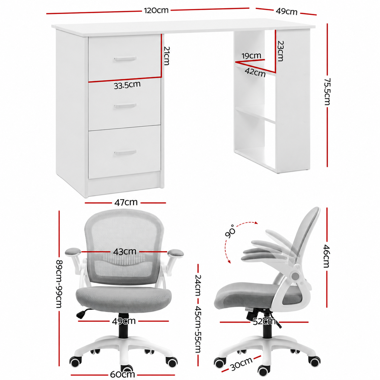 Artiss Computer Desk &amp; Ergonomic Office Chair Set 120cm Home Office Study Desk with 3 Drawers &amp; 3 Shelves, Mesh Computer Chair with Flip-Up Armrests