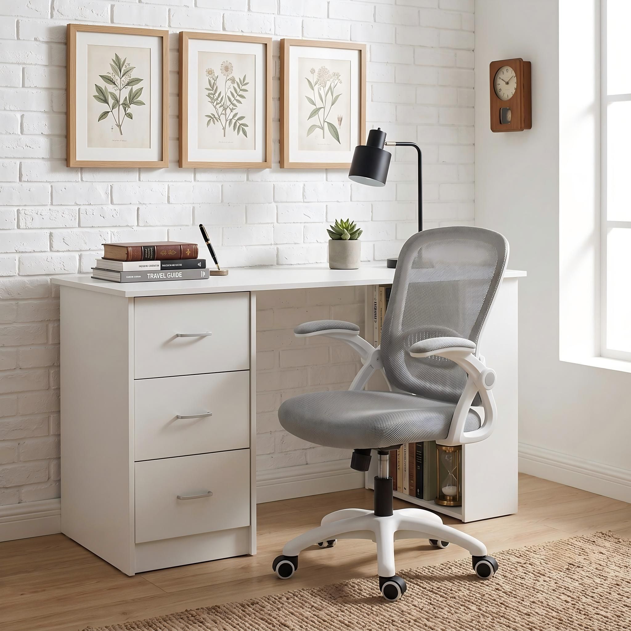 Artiss Computer Desk &amp; Ergonomic Office Chair Set 120cm Home Office Study Desk with 3 Drawers &amp; 3 Shelves, Mesh Computer Chair with Flip-Up Armrests